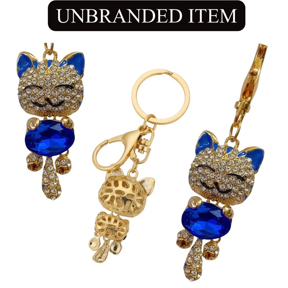 BAG CHARM/KEYCHAIN: Blue & Gold Smiling Cat, EUC